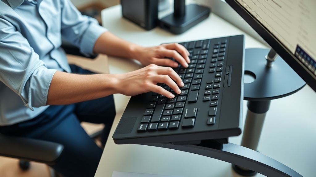 올바른 타이핑 자세와 키보드 높이 조절이 손목 각도에 미치는 영향을 보여주는 사진
