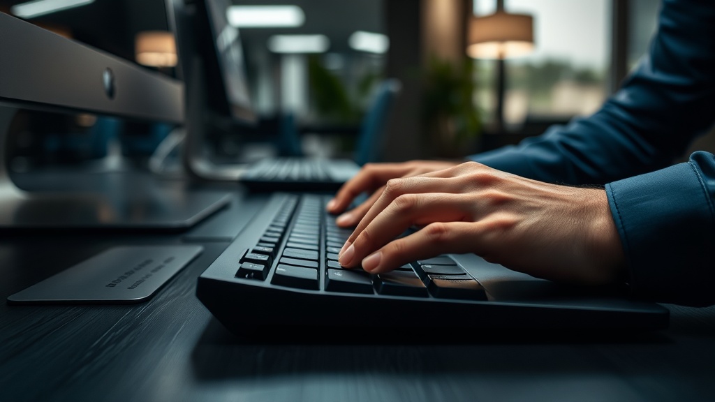 어두운 조명의 사무실 책상 위에서 인체공학적 기계식 키보드를 타이핑하고 있는 사용자의 손 모습